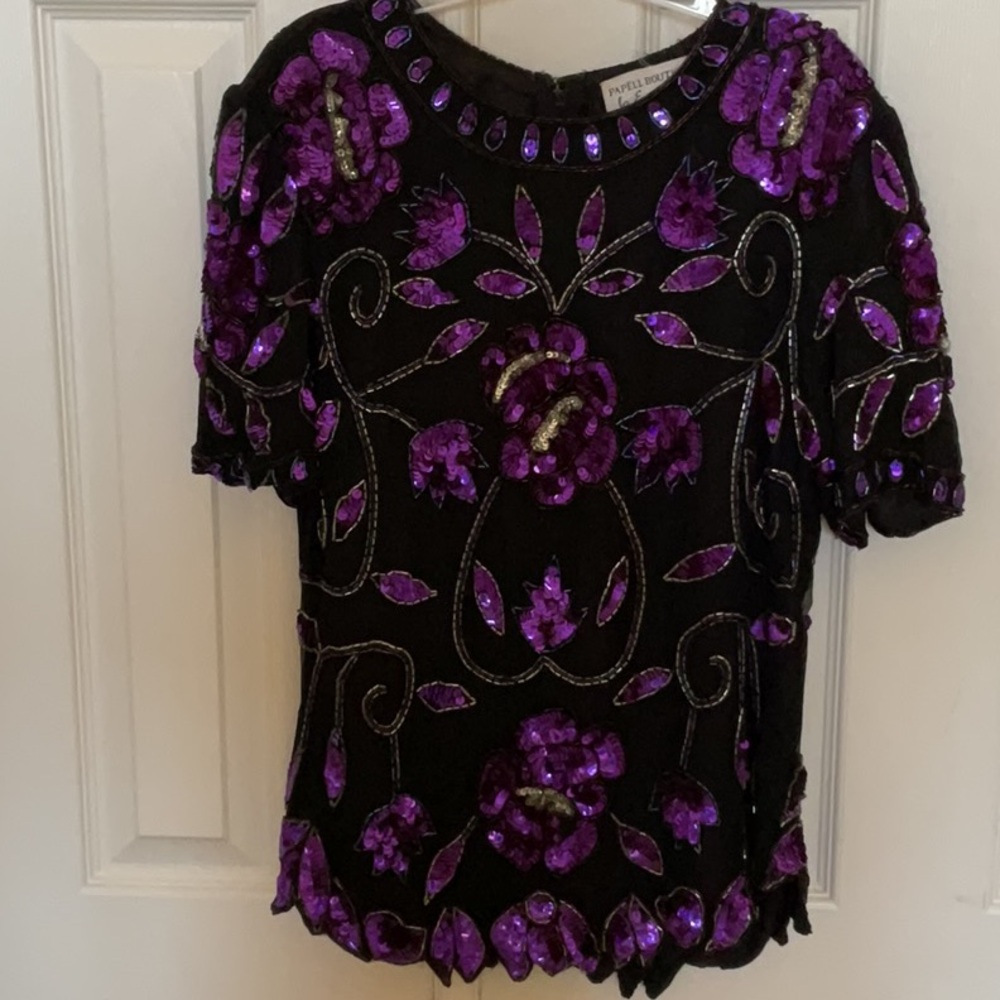 Papell Boutique Black and Purple Sequin Puff Sleeve Blouse